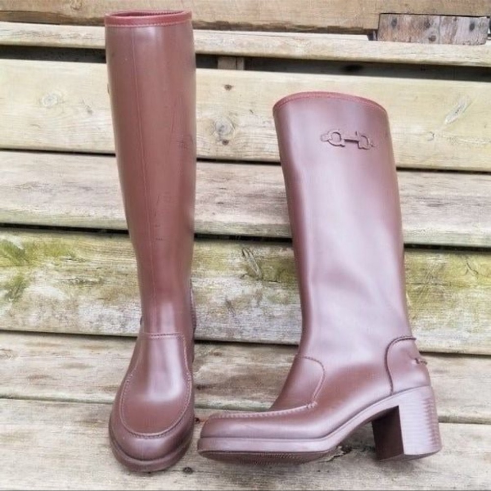 Salvatore Ferragamo Brown Knee High Chunky Heel Rubber Rain Boots